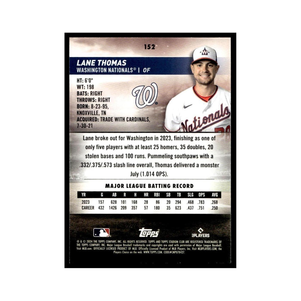 Lane Thomas 2024 Topps Stadium Club #152 Washington Nationals Baseball Card NM