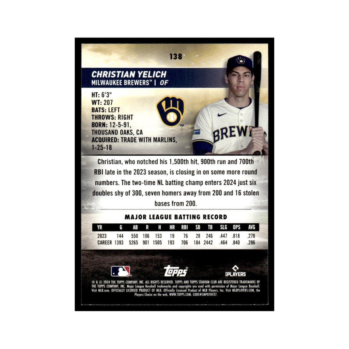 Christian Yelich 2024 Topps Stadium Club #138 Milwaukee Brewers Baseball Card NM
