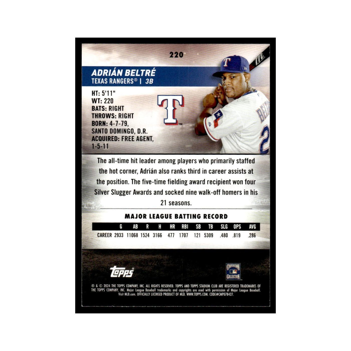 Adrian Beltre 2024 Topps Stadium Club #220 Texas Rangers Baseball Card NM