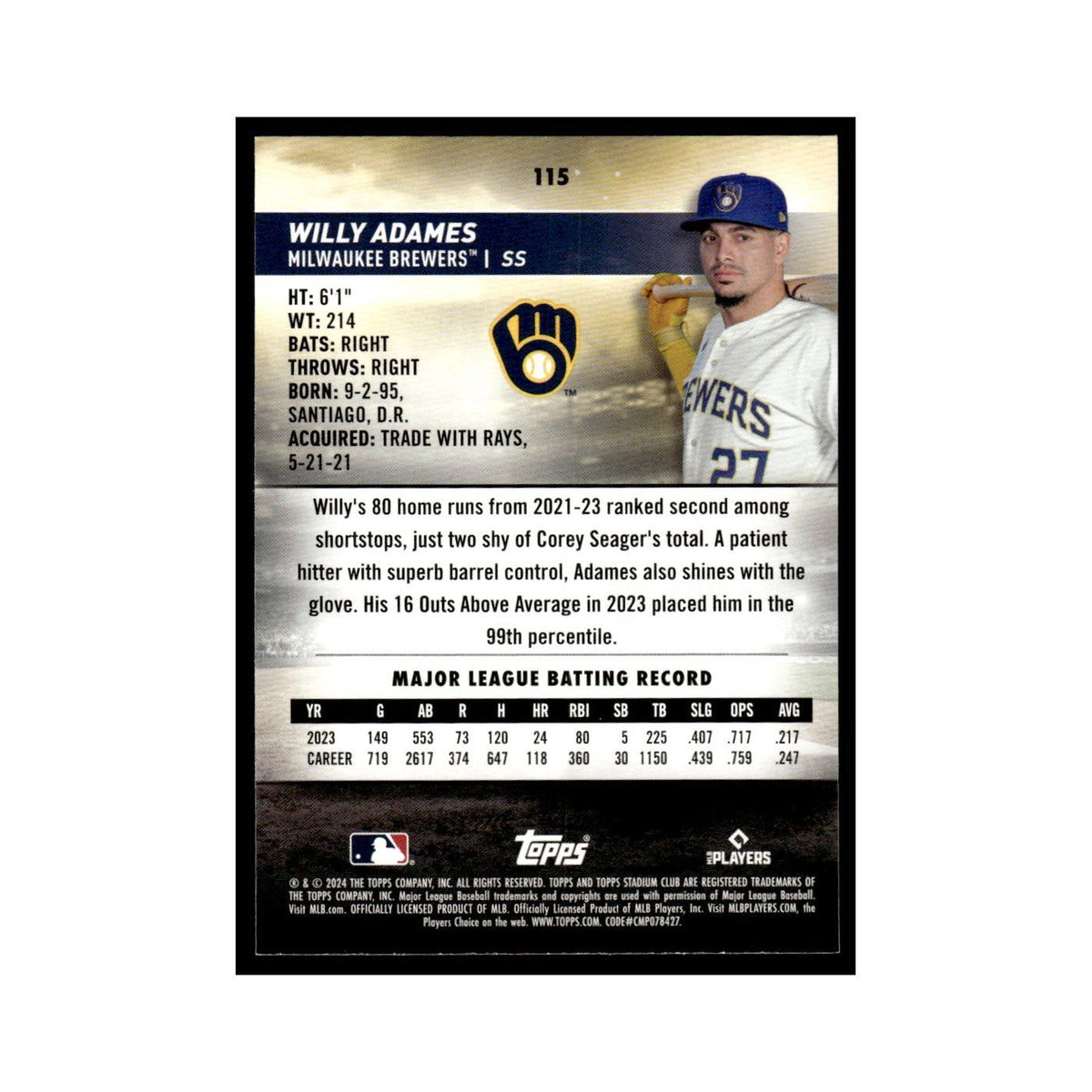 Willy Adames 2024 Topps Stadium Club #115 Milwaukee Brewers Baseball Card NM