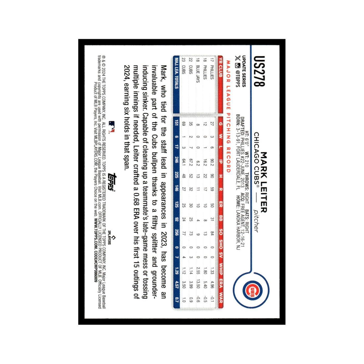 Mark Leiter 2024 Topps Update #US278 Chicago Cubs Baseball Card NM