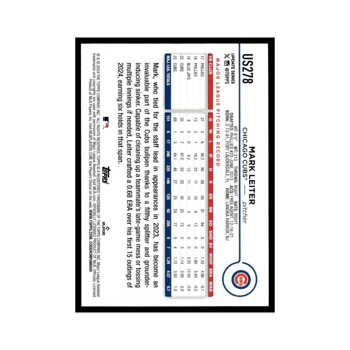 Mark Leiter 2024 Topps Update #US278 Chicago Cubs Baseball Card NM