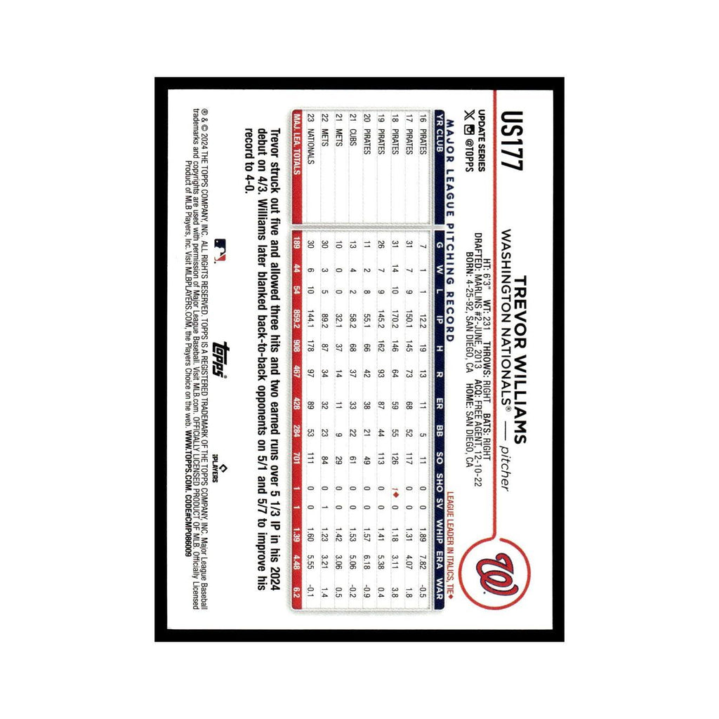 Trevor Williams 2024 Topps Update #US177 Washington Nationals Baseball Card NM