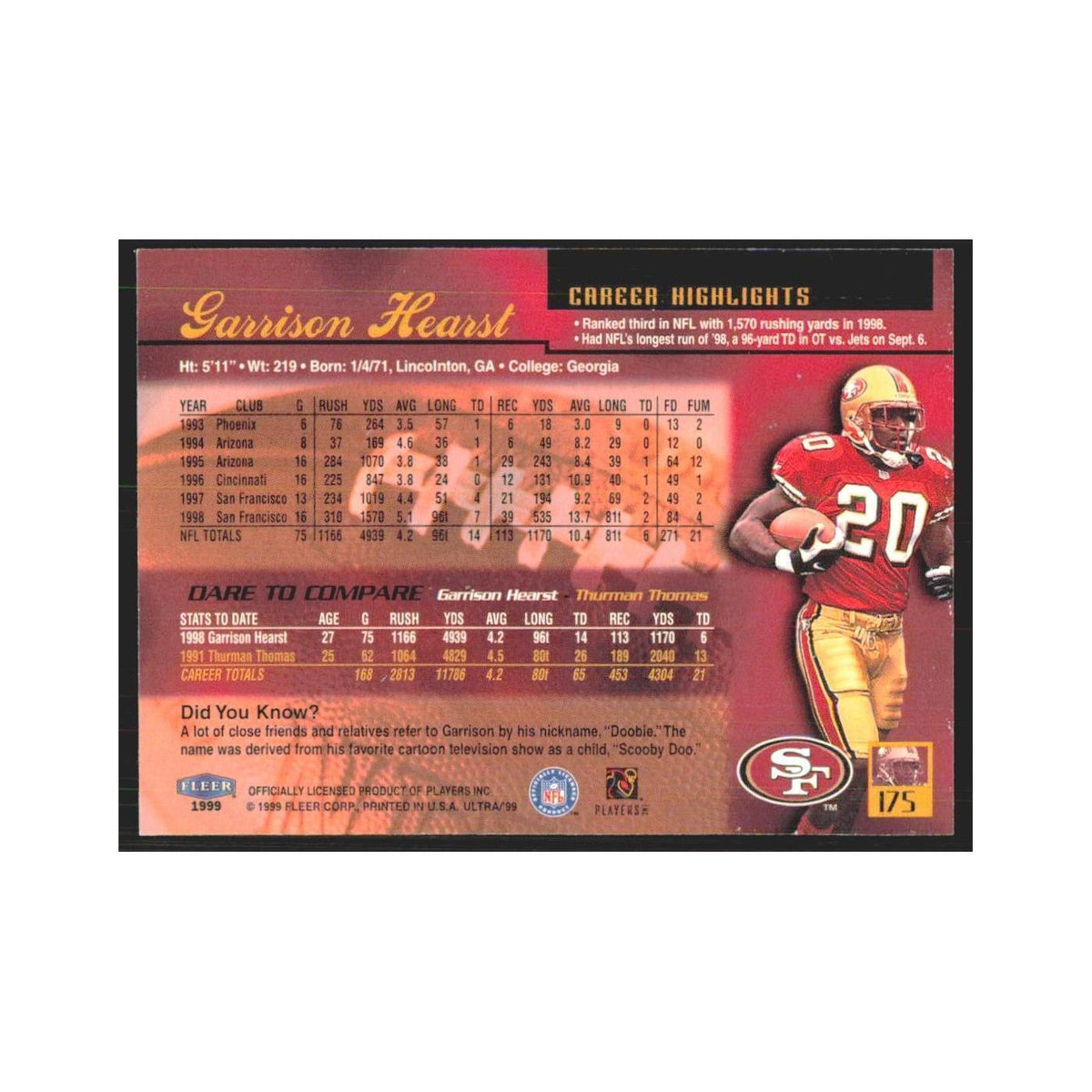 Garrison Hearst 1999 Fleer Ultra #175 San Francisco 49ers Football Card NM