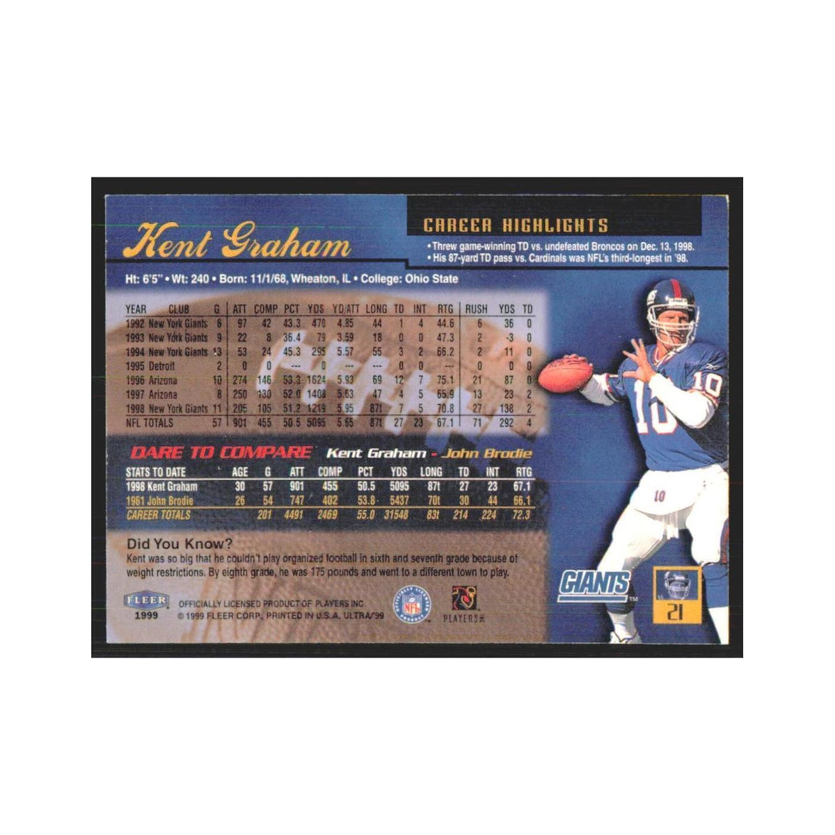 Kent Graham 1999 Fleer Ultra #21 New York Giants Football Card NM