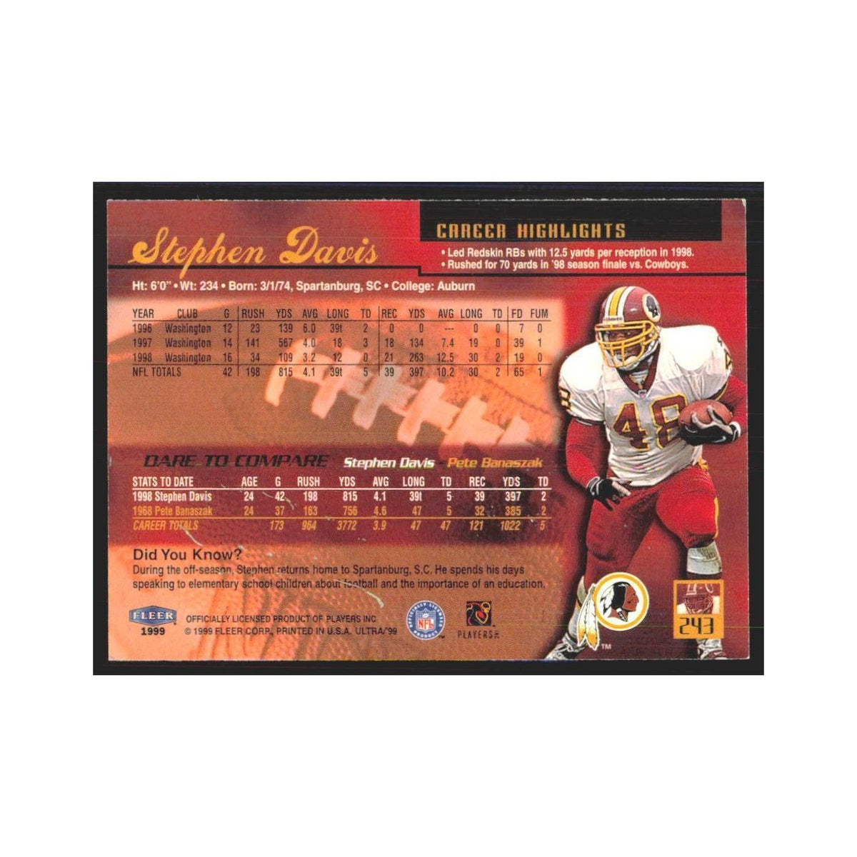 Stephen Davis 1999 Fleer Ultra #243 Washington Redskins Football Card NM