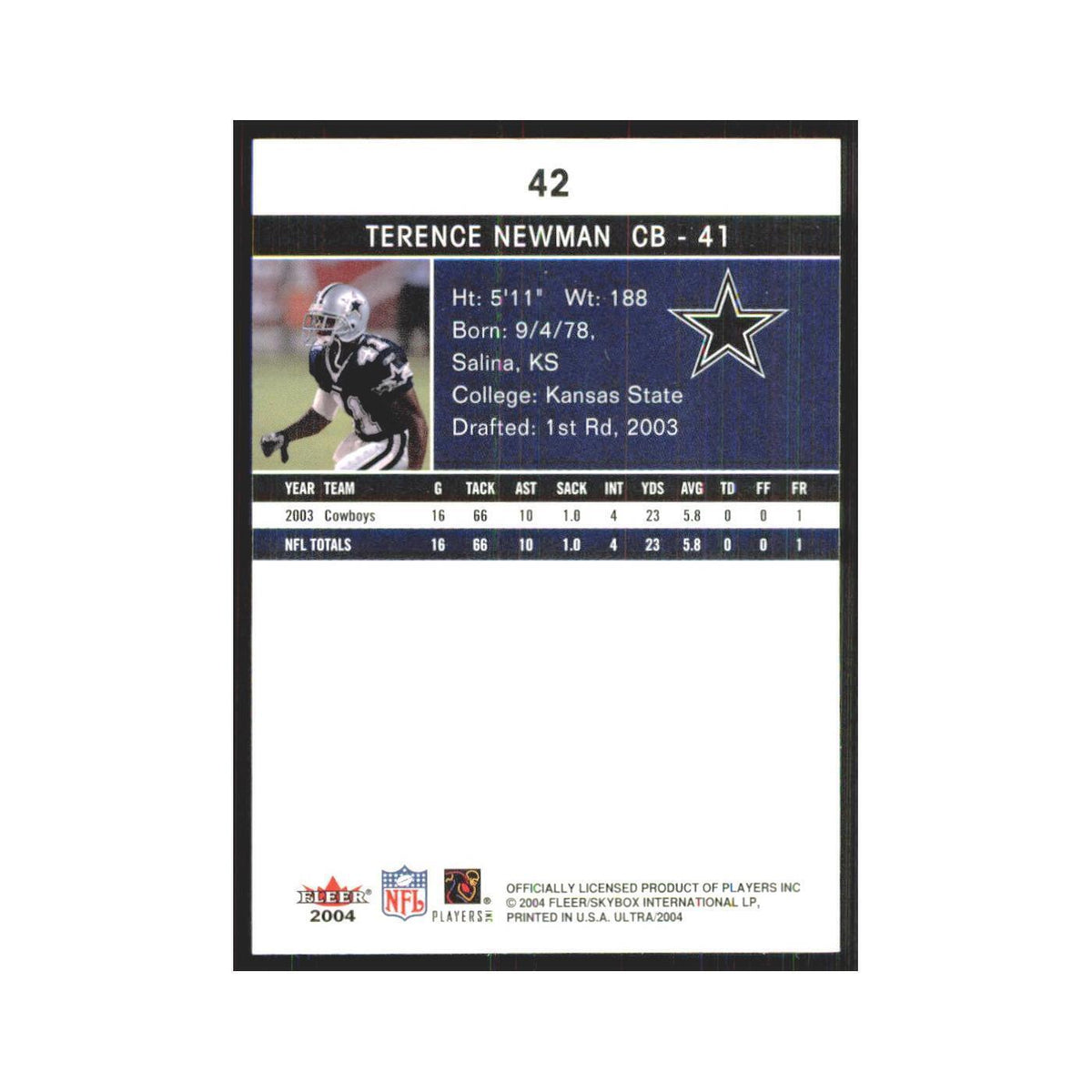 Terence Newman 2004 Fleer Ultra #42 Dallas Cowboys Football Card NM