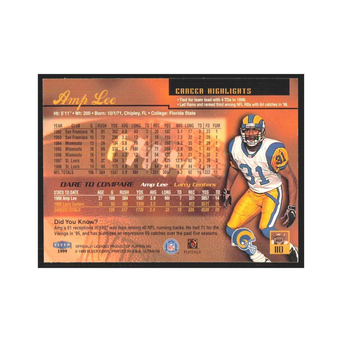 Amp Lee 1999 Fleer Ultra #110 St Louis Rams Football Card NM
