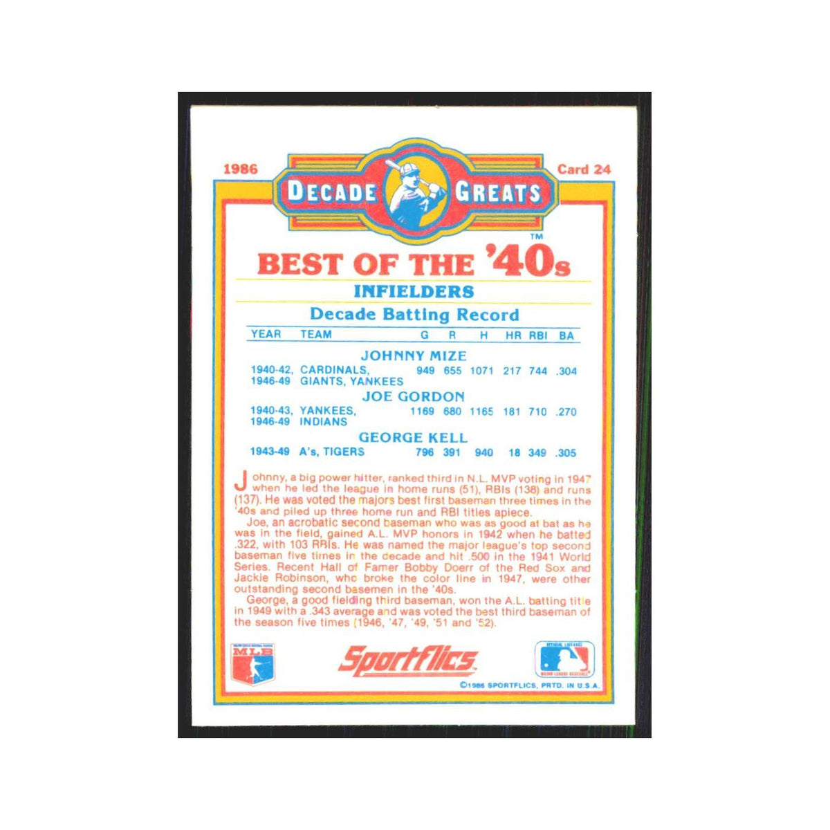 Mize Gordon Kell 1986 Sportflics Decade Greats #24.0 Baseball Card NM