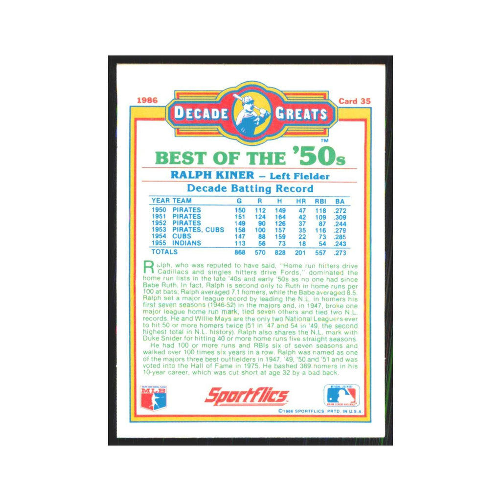 Ralph Kiner 1986 Sportflics Decade Greats #35.0 Pittsburgh Pirates NM