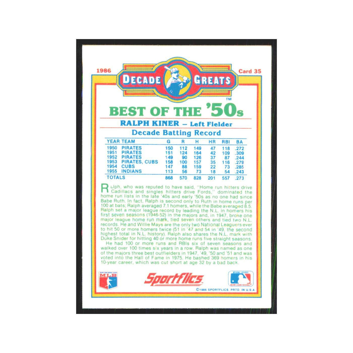 Ralph Kiner 1986 Sportflics Decade Greats #35.0 Pittsburgh Pirates NM