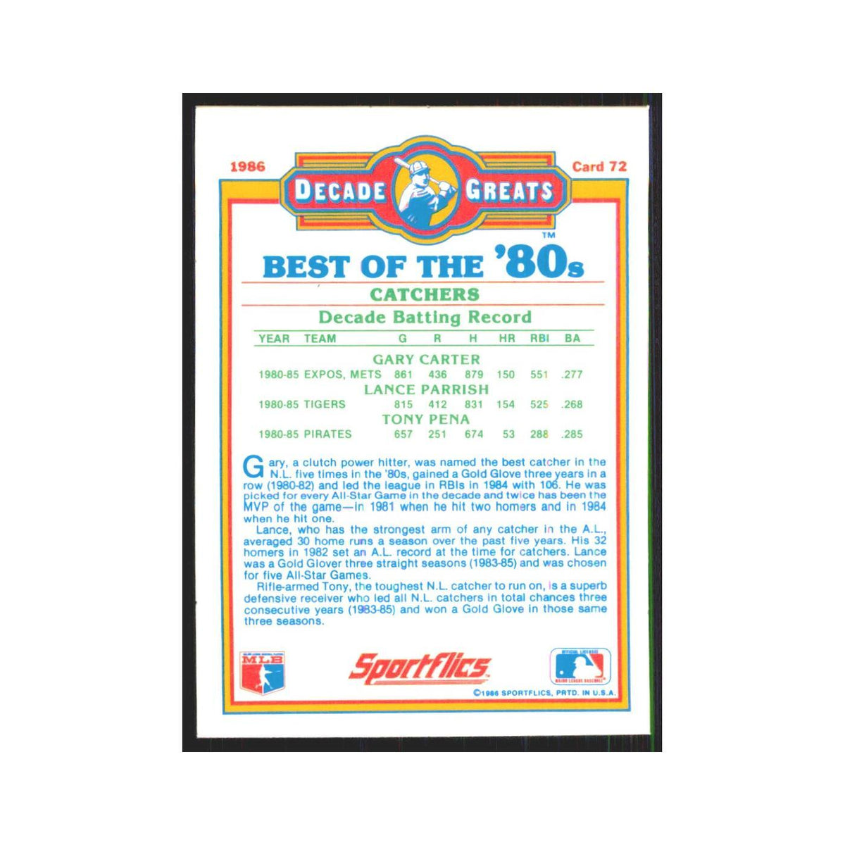 Carter Parrish Pena 1986 Sportflics Decade Greats #72.0 Baseball Card NM