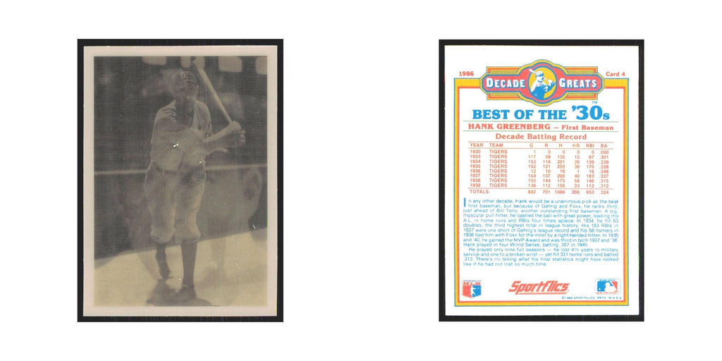 Hank Greenberg 1986 Sportflics Decade Greats #4.0 Tigers Baseball Card NM