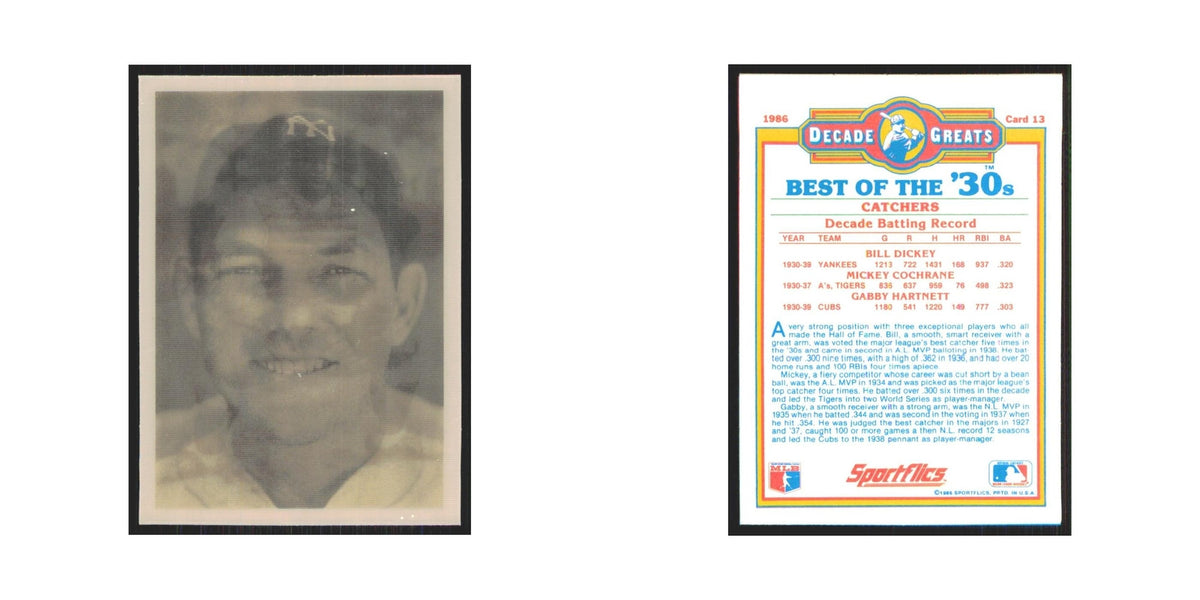 Dickey Cochrane Hartnett 1986 Sportflics Decade Greats #13.0 Baseball Card NM