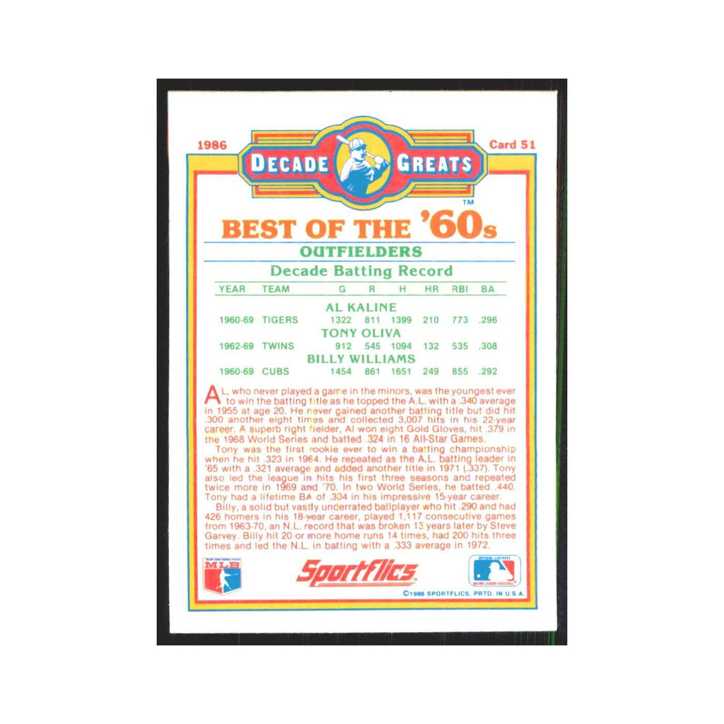 Kaline Oliva Williams 1986 Sportflics Decade Greats #51.0 Baseball Card NM