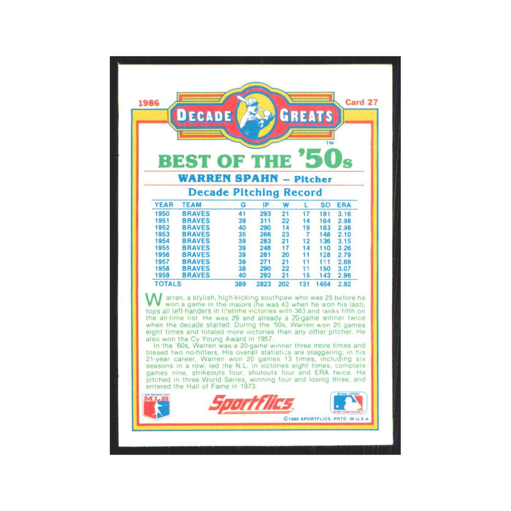 Warren Spahn 1986 Sportflics Decade Greats #27.0 Milwaukee Braves NM
