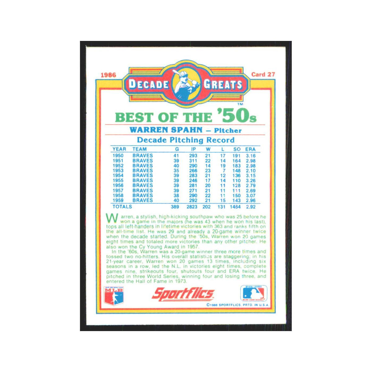 Warren Spahn 1986 Sportflics Decade Greats #27.0 Milwaukee Braves NM