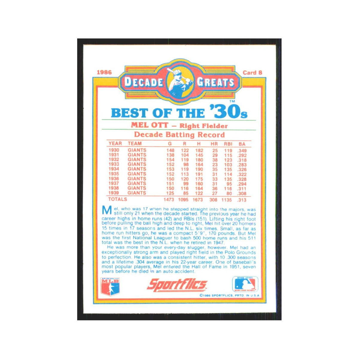Mel Ott 1986 Sportflics Decade Greats #8.0 San Francisco Giants Baseball Card NM