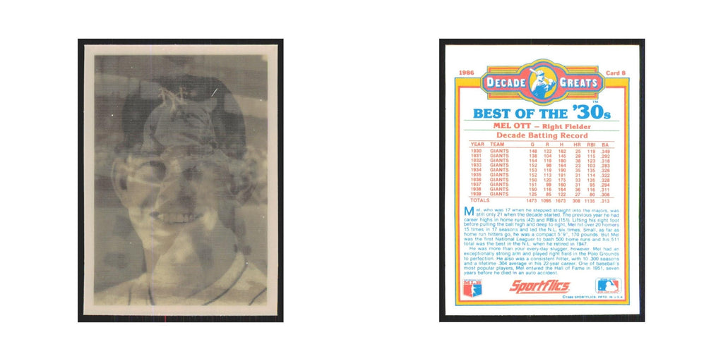 Mel Ott 1986 Sportflics Decade Greats #8.0 San Francisco Giants Baseball Card NM
