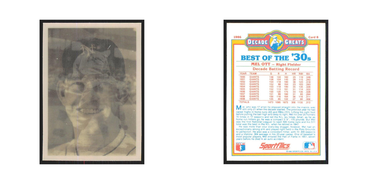 Mel Ott 1986 Sportflics Decade Greats #8.0 San Francisco Giants Baseball Card NM