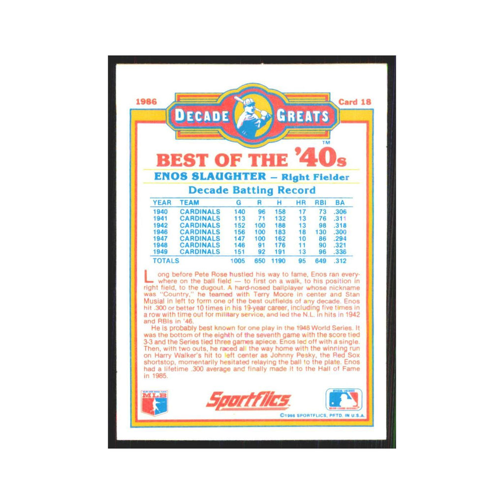 Enos Slaughter 1986 Sportflics Decade Greats #18.0 Cardinals Baseball Card NM