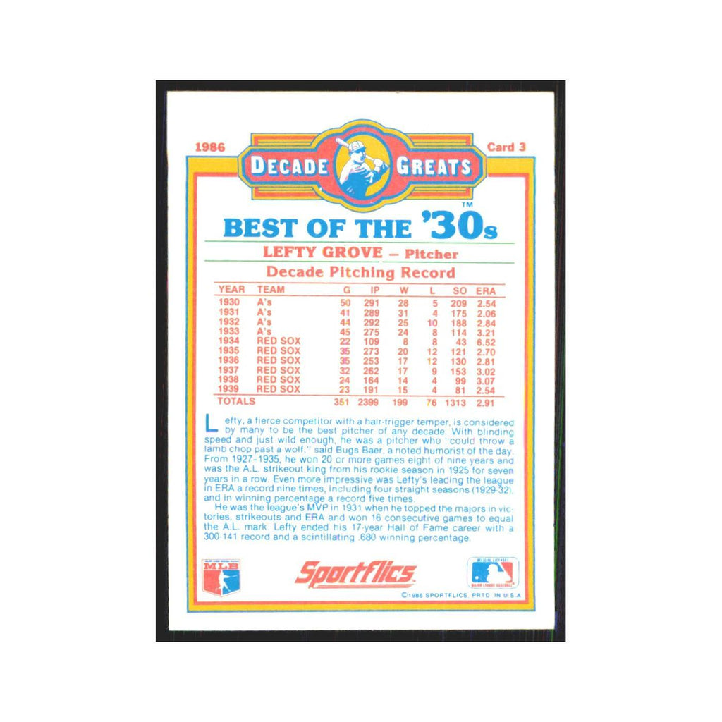 Lefty Grove 1986 Sportflics Decade Greats #3.0 Boston Red Sox Baseball Card NM