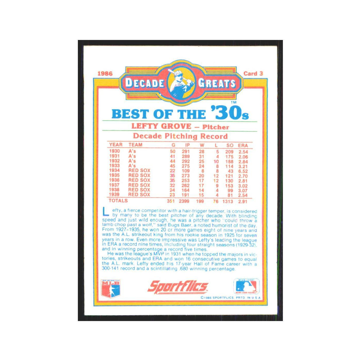 Lefty Grove 1986 Sportflics Decade Greats #3.0 Boston Red Sox Baseball Card NM