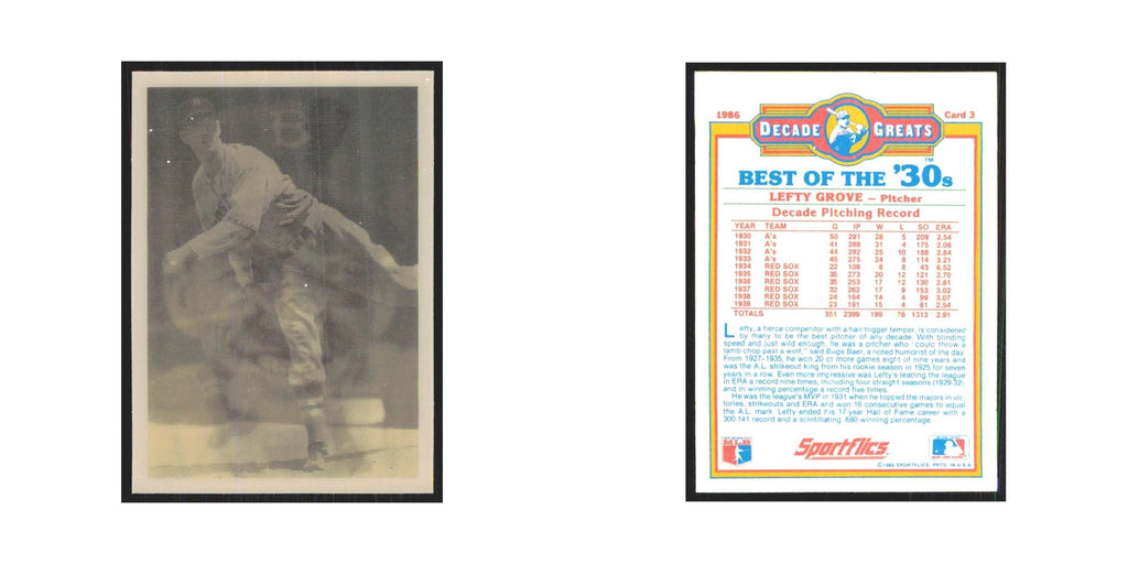 Lefty Grove 1986 Sportflics Decade Greats #3.0 Boston Red Sox Baseball Card NM