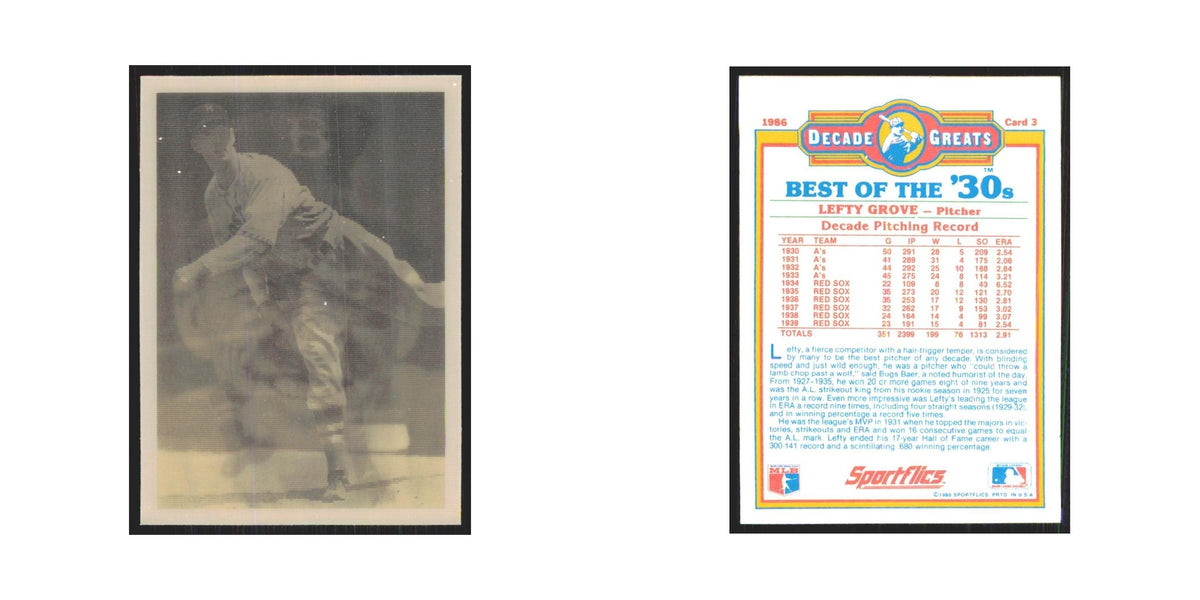 Lefty Grove 1986 Sportflics Decade Greats #3.0 Boston Red Sox Baseball Card NM