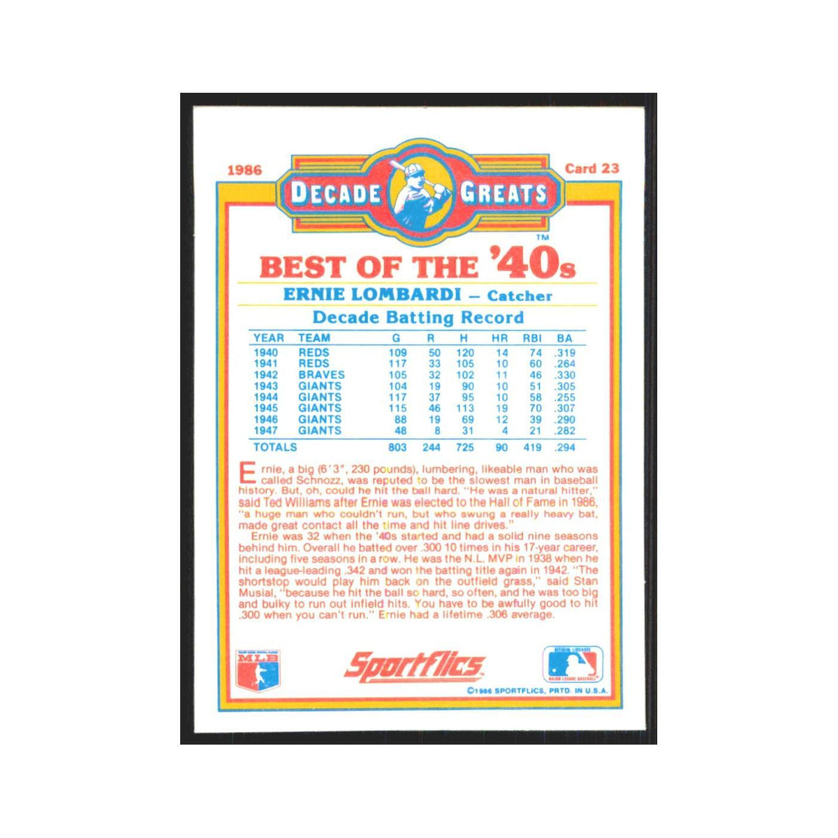 Ernie Lombardi 1986 Sportflics Decade Greats #23.0 San Francisco Giants NM