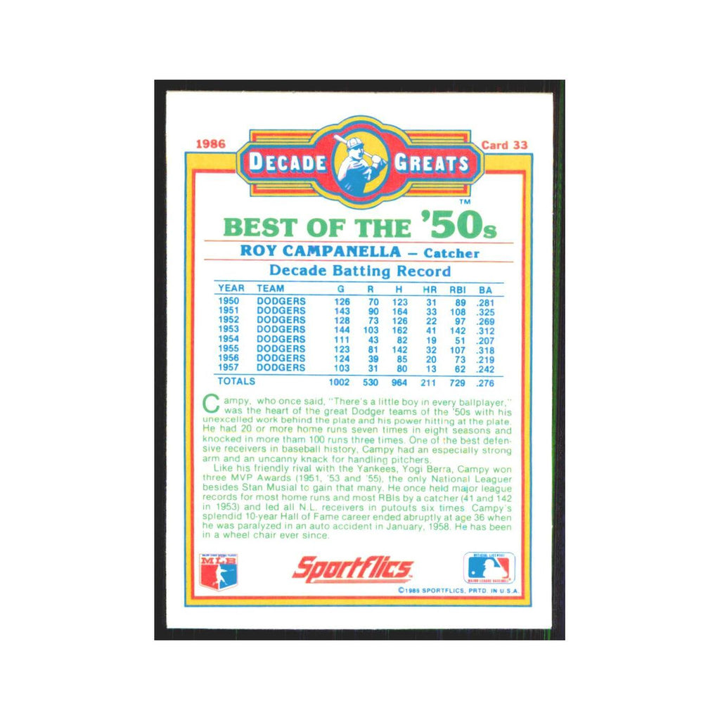 Roy Campanella 1986 Sportflics Decade Greats #33.0 Brooklyn Dodgers NM
