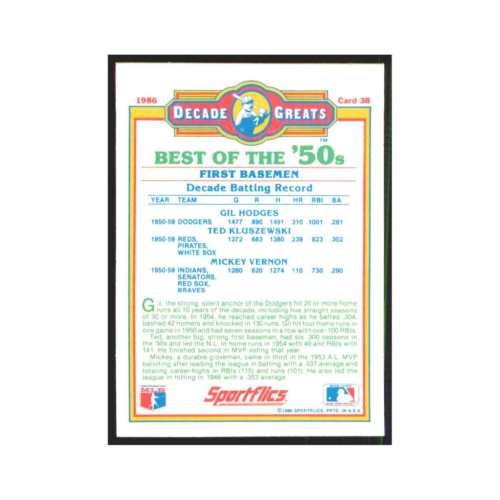 Hodges Kluszewski Vernon 1986 Sportflics Decade Greats #38.0 Baseball Card NM