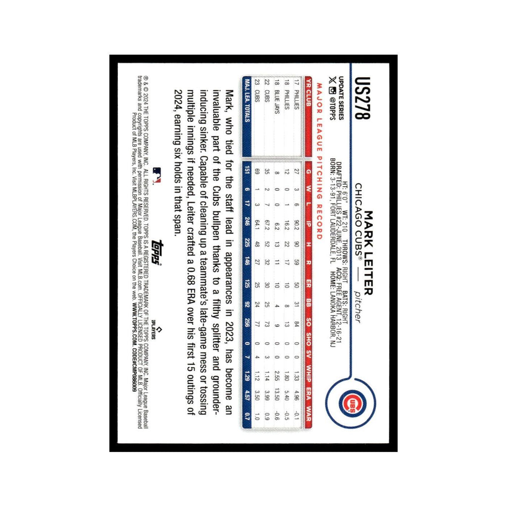 Mark Leiter 2024 Topps Update #US278 Chicago Cubs Baseball Card NM