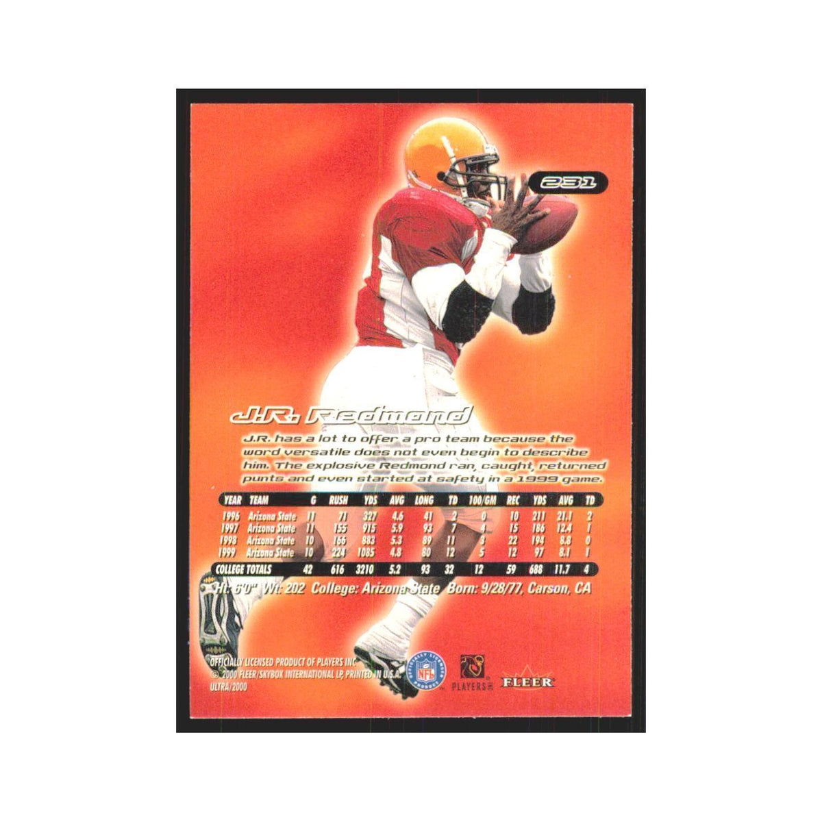 J.R. Redmond 2000 Fleer Ultra #232 New England Patriots Football Card NM