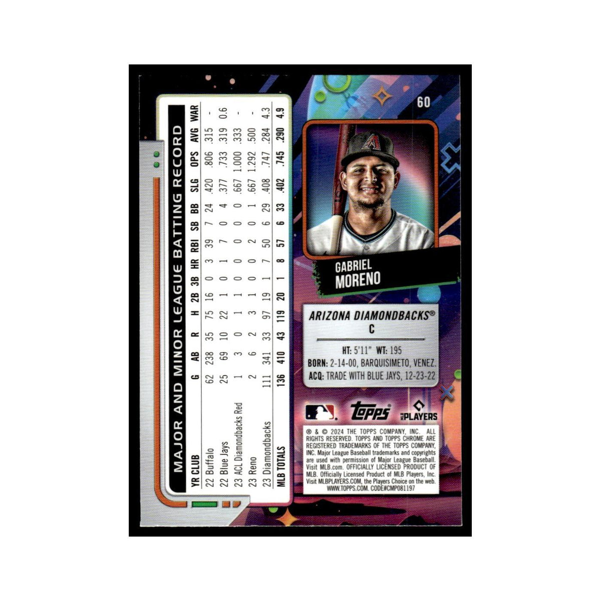 Gabriel Moreno 2024 Topps Chrome Cosmic #60 Arizona Diamondbacks NM
