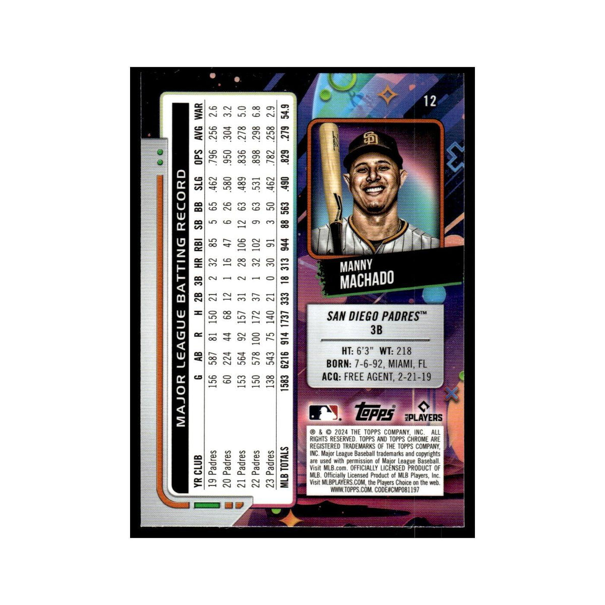 Manny Machado 2024 Topps Chrome Cosmic #12 San Diego Padres Baseball Card NM