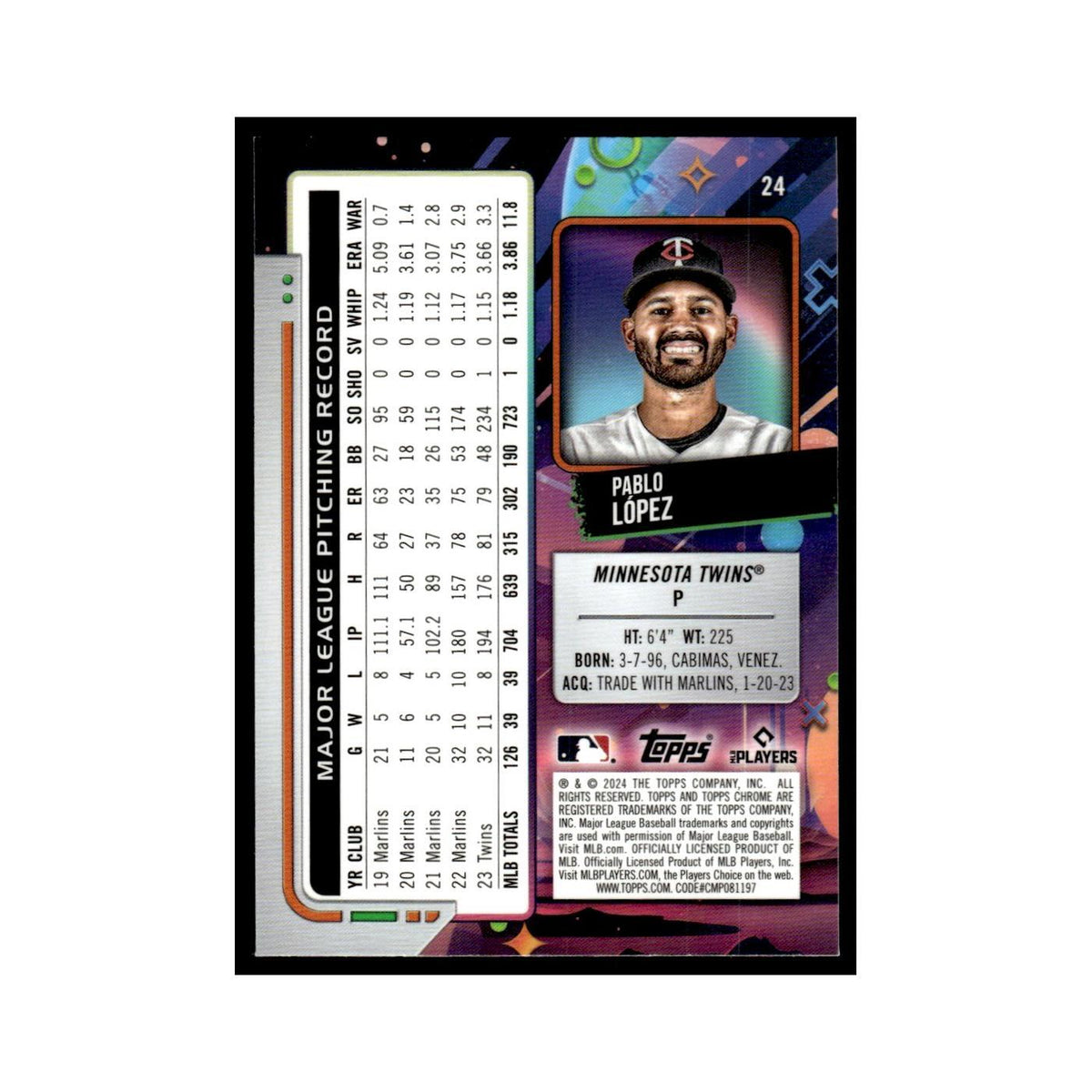 Pablo Lopez 2024 Topps Chrome Cosmic #24 Minnesota Twins Baseball Card NM