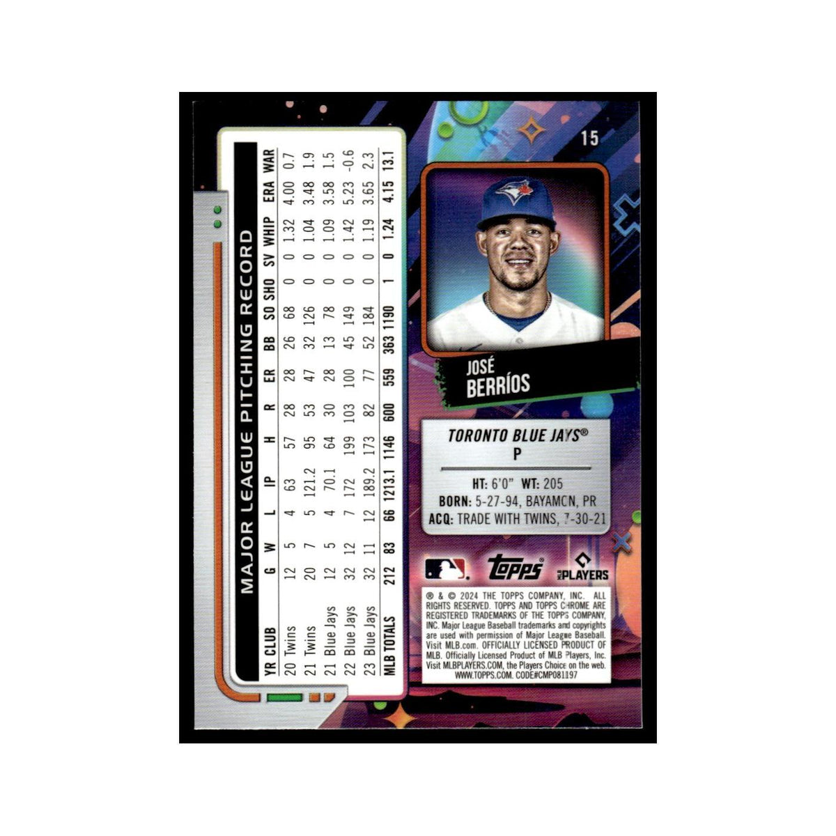 Jose Berríos 2024 Topps Chrome Cosmic #15 Toronto Blue Jays Baseball Card NM