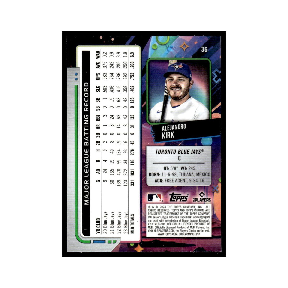 Alejandro Kirk 2024 Topps Chrome Cosmic #36 Toronto Blue Jays Baseball Card NM