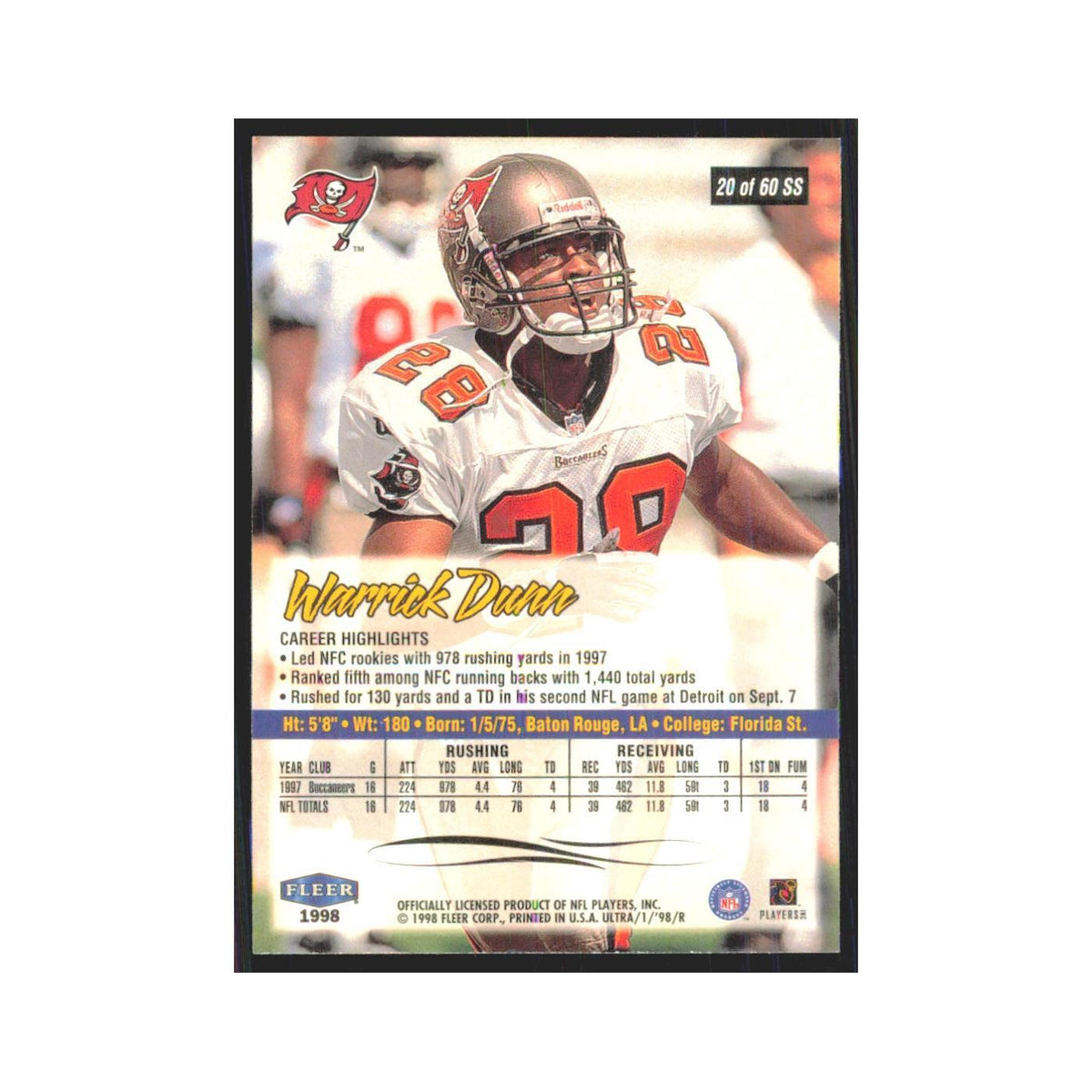 Warrick Dunn 1998 Fleer Ultra #20 Tampa Bay Buccaneers Football Card NM