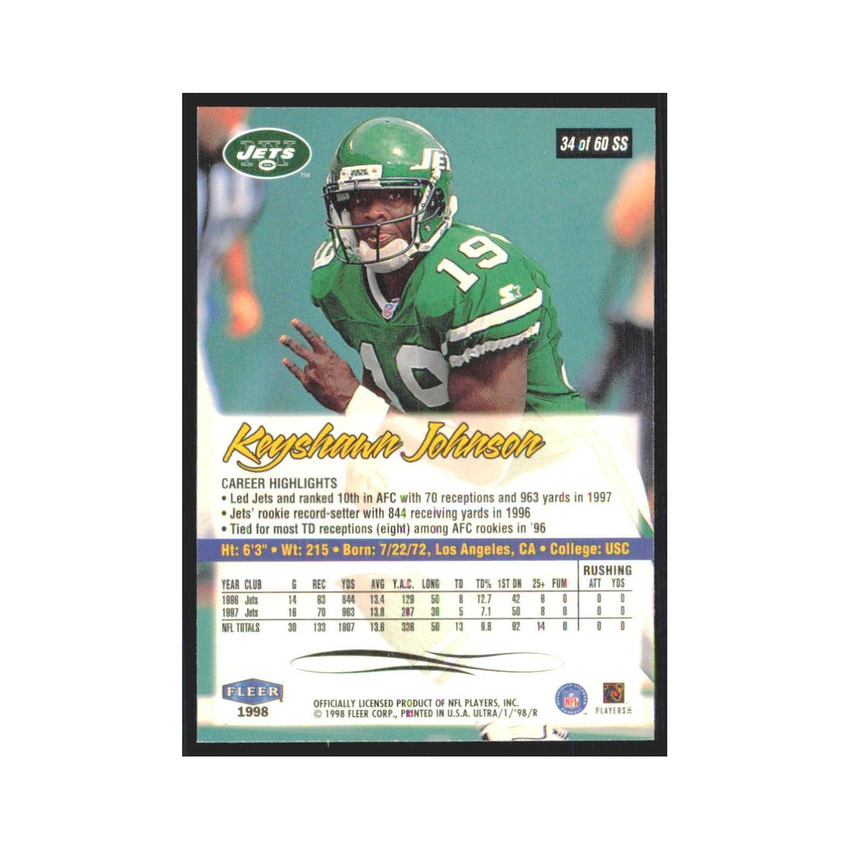 Keyshawn Johnson 1998 Fleer Ultra #34 New York Jets Football Card NM