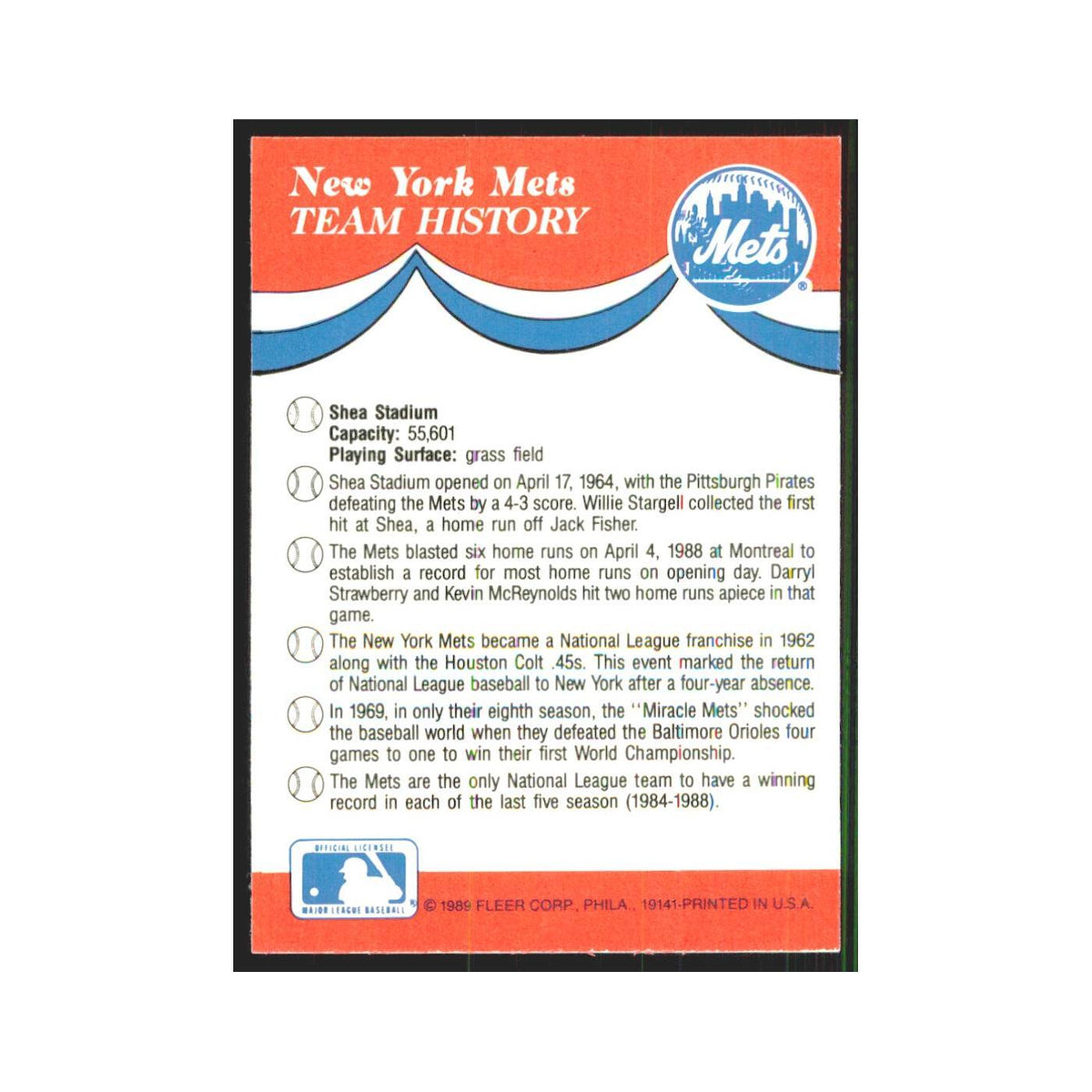 Team History 1989 Fleer Exciting Stars #nan New York Mets Baseball Card NM