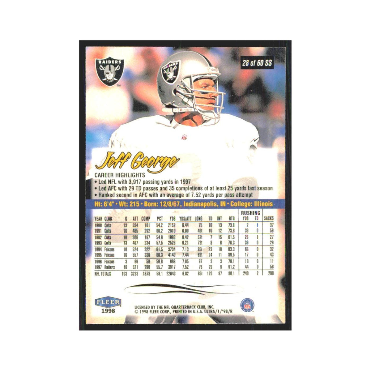 Jeff George 1998 Fleer Ultra #20 Oakland Raiders Football Card NM