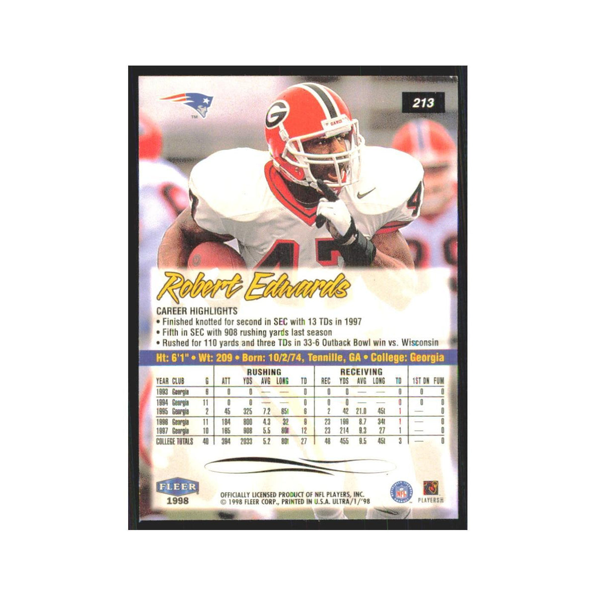 Robert Edwards Rookie 1998 Fleer Ultra #213 New England Patriots NM