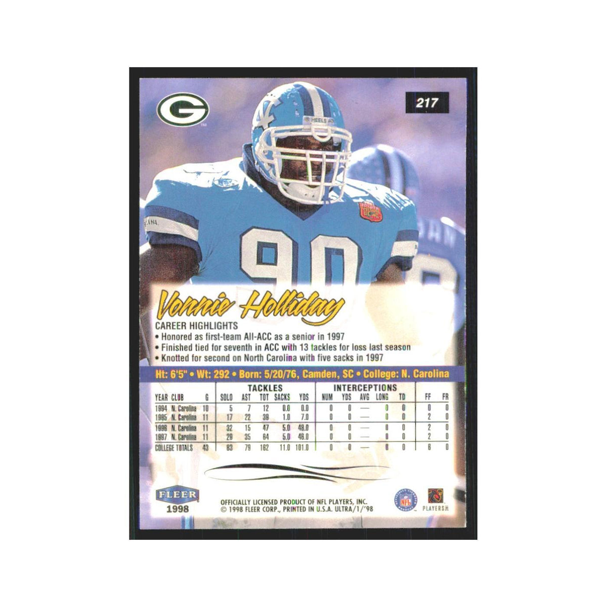 Vonnie Holliday Rookie 1998 Fleer Ultra #217 Green Bay Packers Football Card NM