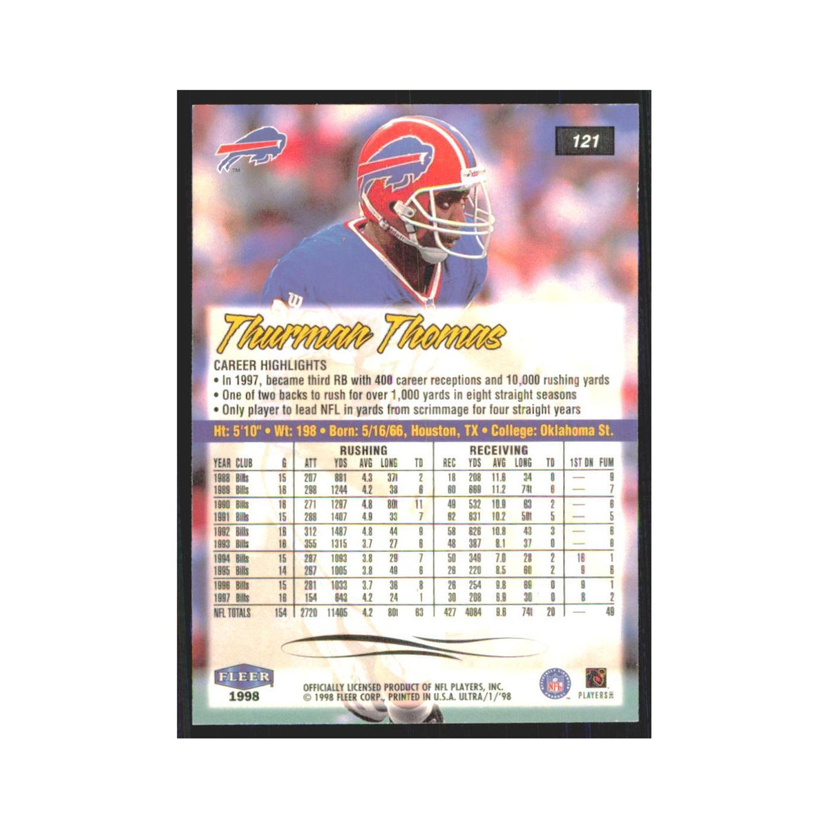 Thurman Thomas 1998 Fleer Ultra #121 Buffalo Bills Football Card NM