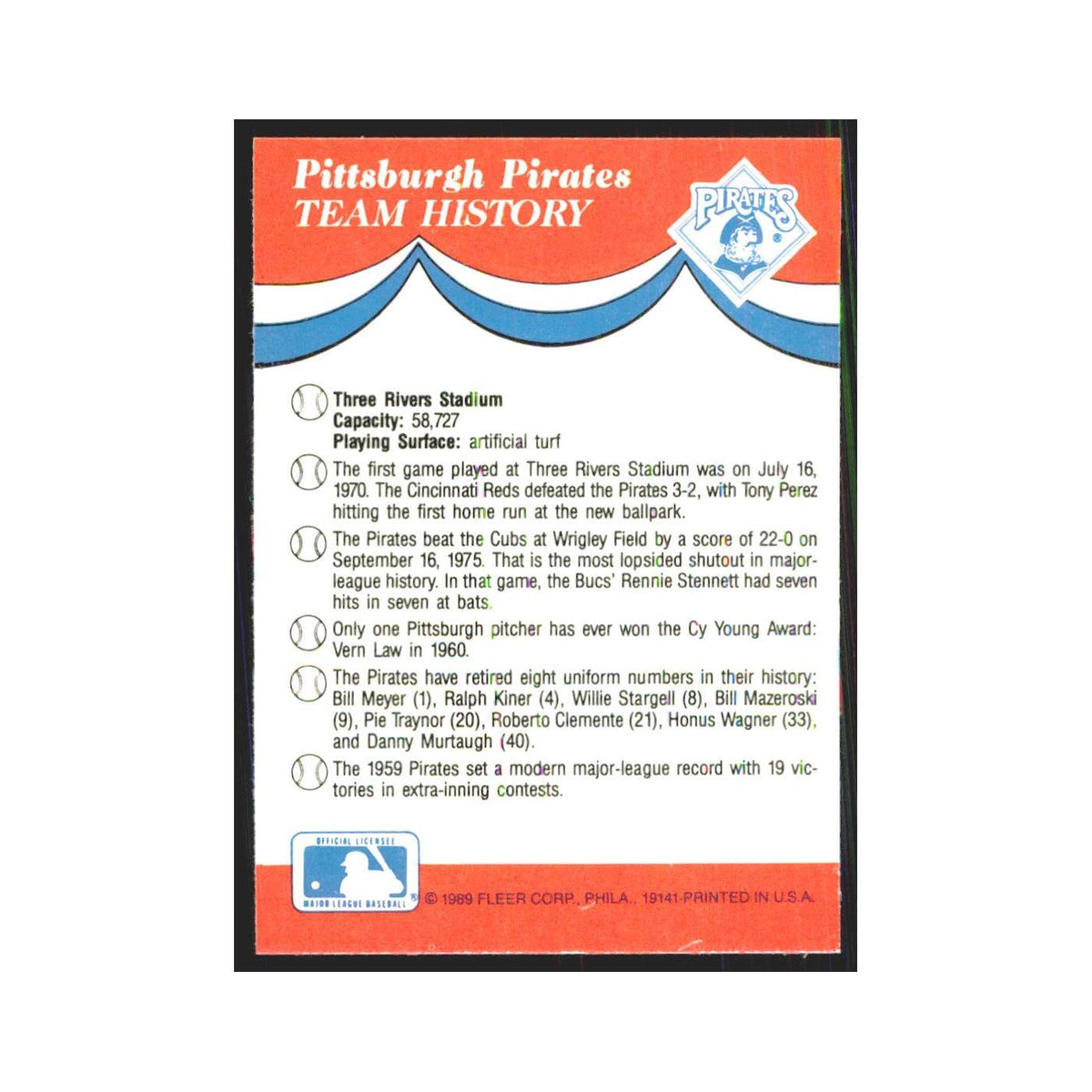 Team History 1989 Fleer Exciting Stars #nan Pittsburgh Pirates Baseball Card NM