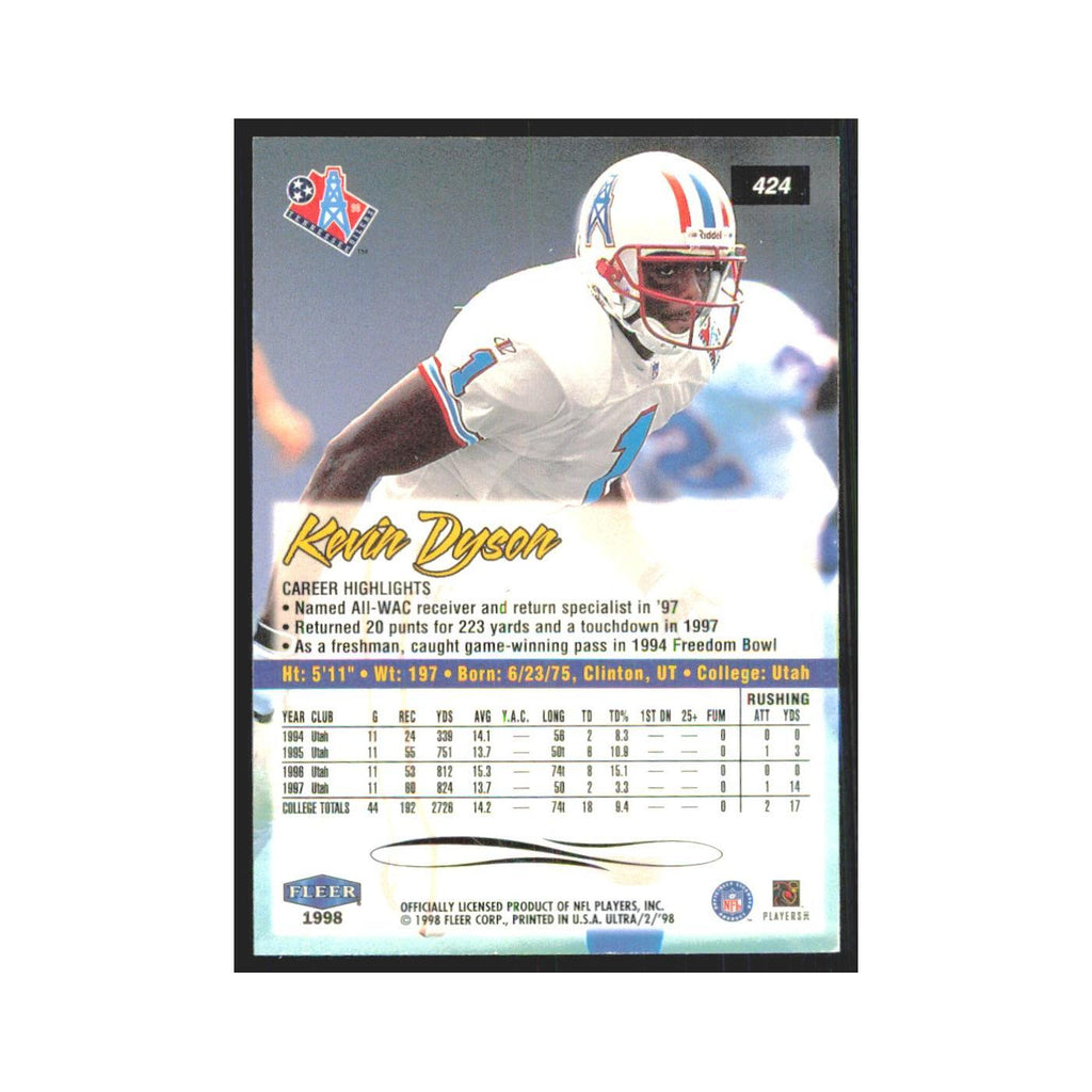 Kevin Dyson Rookie 1998 Fleer Ultra #424 Tennessee Oilers Football Card NM