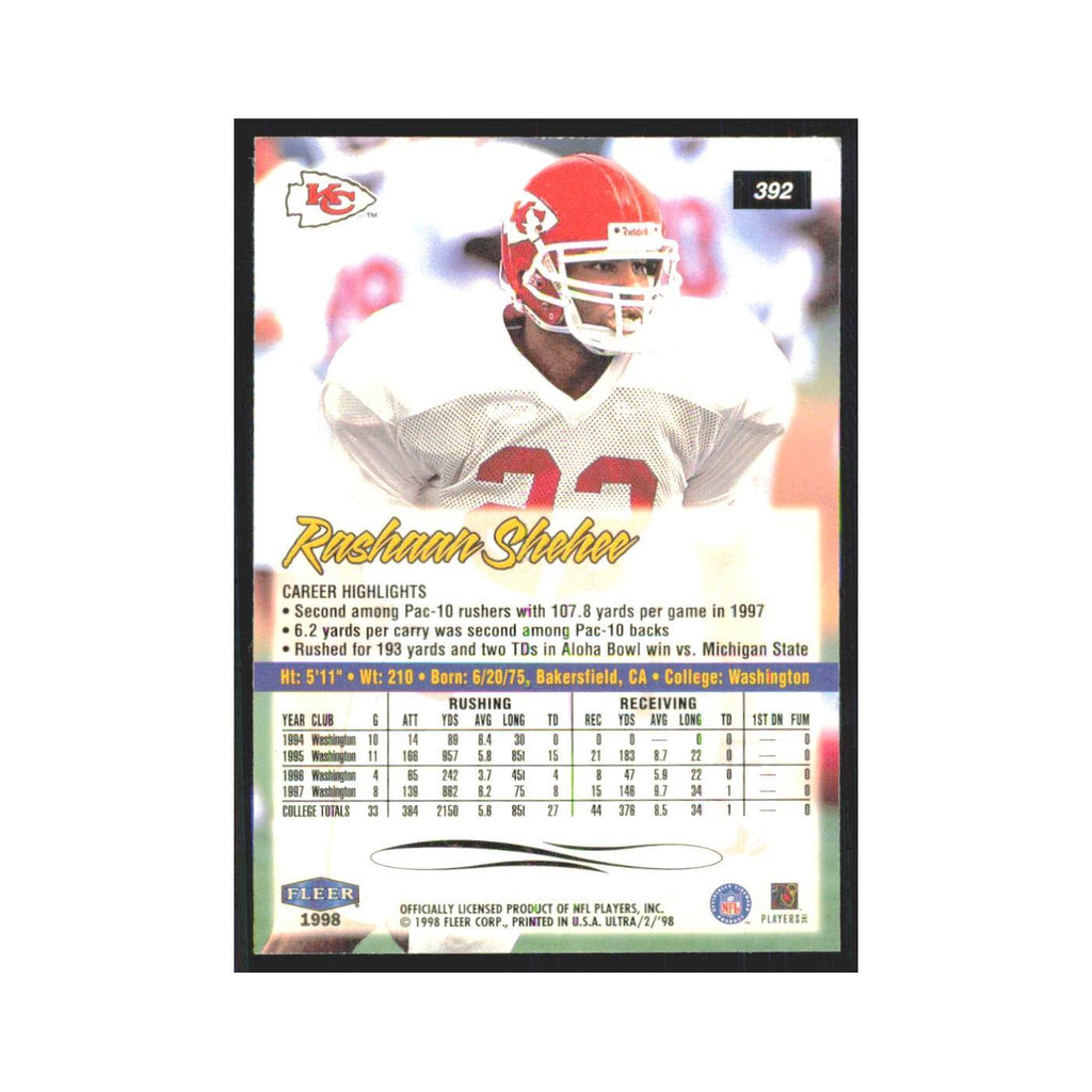 Rashaan Shehee Rookie 1998 Fleer Ultra #392 Kansas City Chiefs Football Card NM
