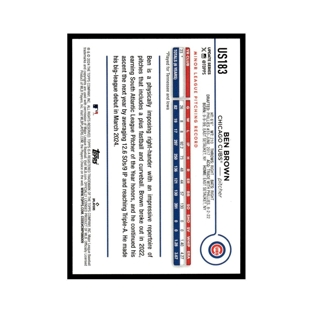 Ben Brown Rookie 2024 Topps Update #US183 Chicago Cubs Baseball Card NM